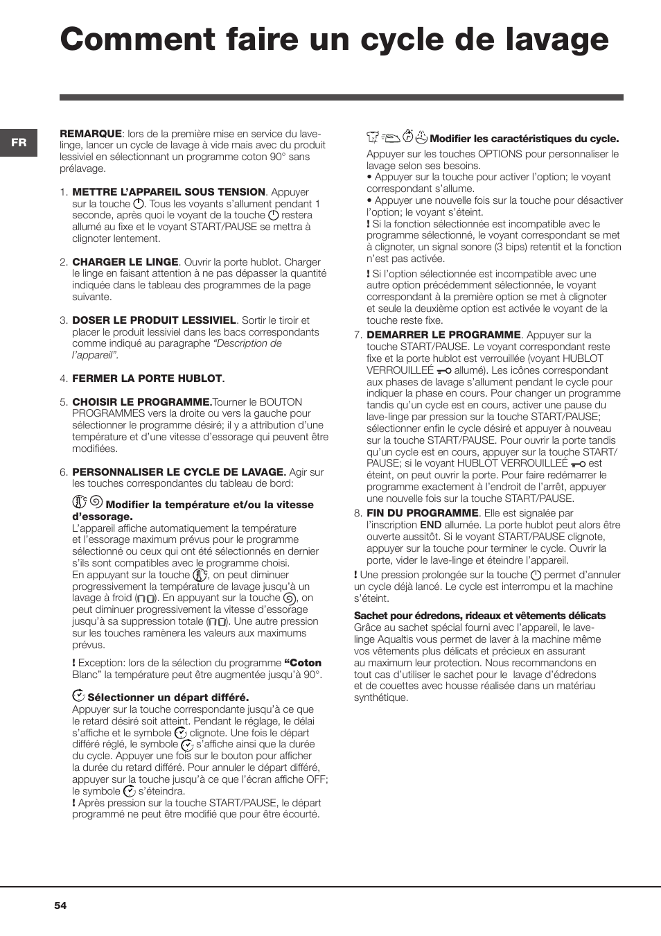 Comment faire un cycle de lavage | Hotpoint Ariston Aqualtis AQ8F 492 U (EU) User Manual | Page 54 / 72