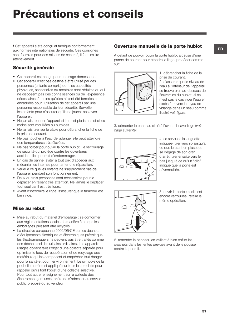 Précautions et conseils | Hotpoint Ariston Aqualtis AQ8F 492 U (EU) User Manual | Page 57 / 72