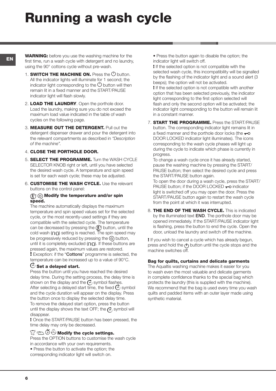 Running a wash cycle | Hotpoint Ariston Aqualtis AQ8F 492 U (EU) User Manual | Page 6 / 72