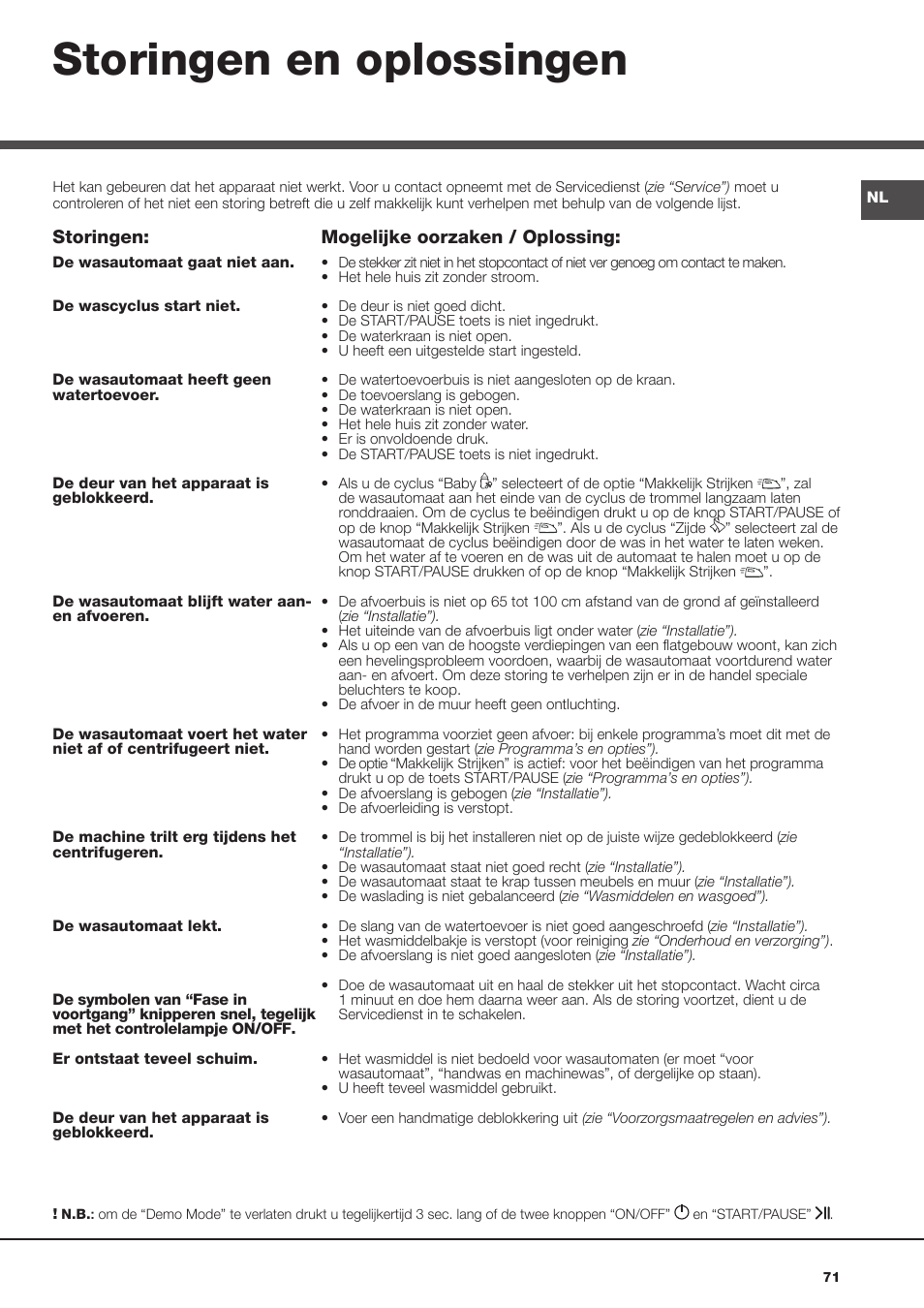 Storingen en oplossingen | Hotpoint Ariston Aqualtis AQ8F 492 U (EU) User Manual | Page 71 / 72