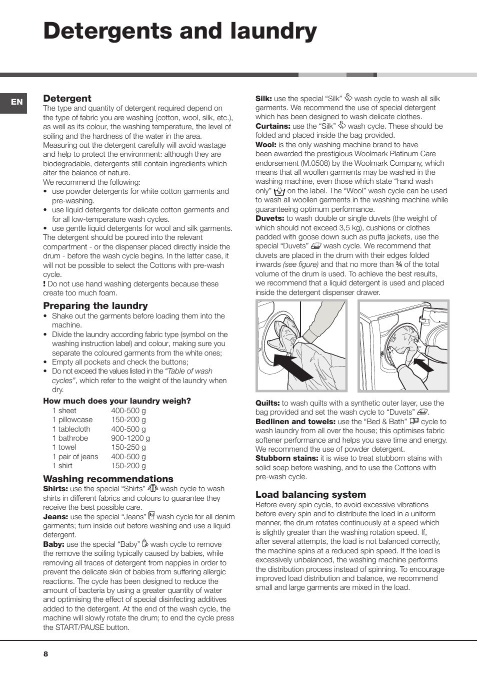 Detergents and laundry | Hotpoint Ariston Aqualtis AQ8F 492 U (EU) User Manual | Page 8 / 72