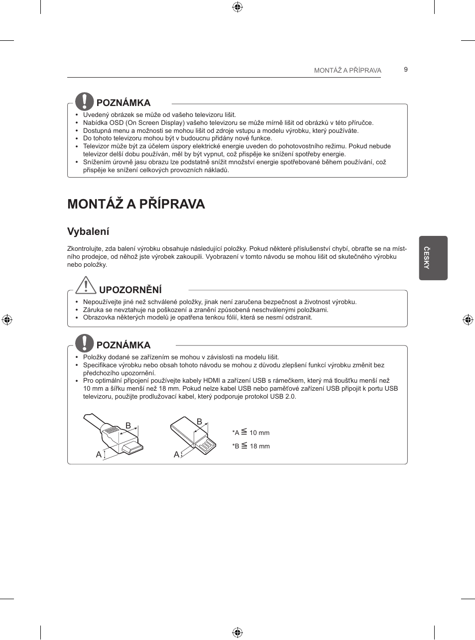 Montáž a příprava, Vybalení, Poznámka | Upozornění | LG 24LB457B User Manual | Page 104 / 387