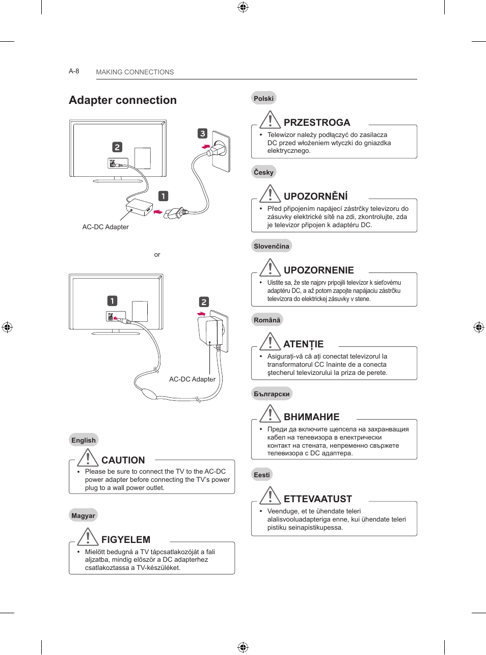 Adapter connection, Caution, Figyelem | Przestroga, Upozornění, Upozornenie, Atenţie, Внимание, Ettevaatust | LG 24LB457B User Manual | Page 11 / 387