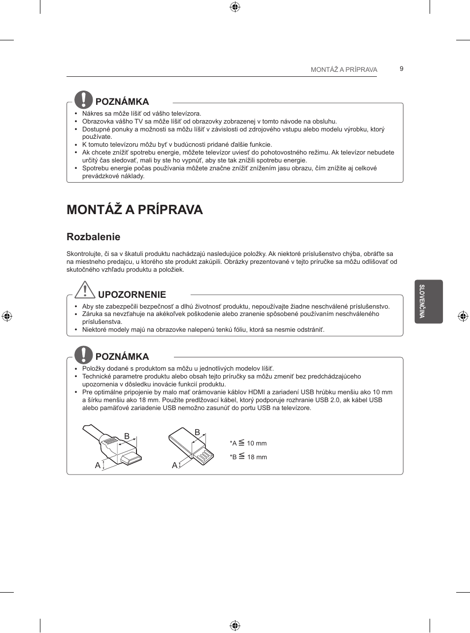 Montáž a príprava, Rozbalenie, Poznámka | Upozornenie | LG 24LB457B User Manual | Page 126 / 387