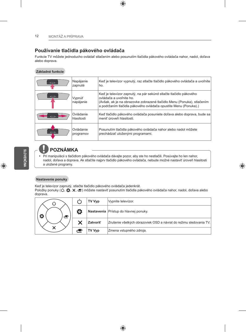 Používanie tlačidla pákového ovládača, Poznámka | LG 24LB457B User Manual | Page 129 / 387