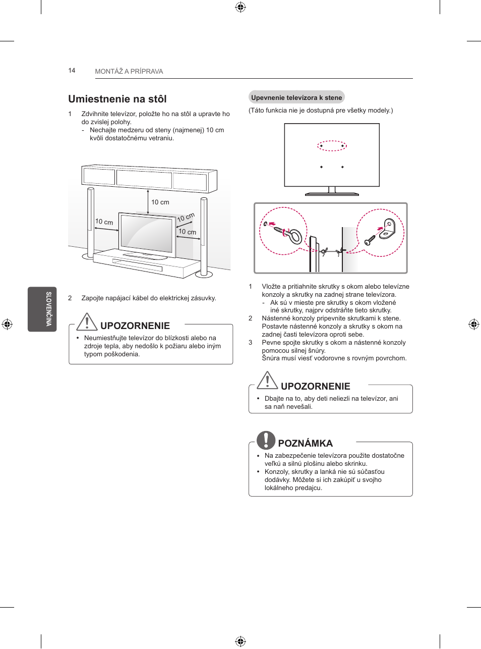 Umiestnenie na stôl, Upozornenie, Poznámka | LG 24LB457B User Manual | Page 131 / 387