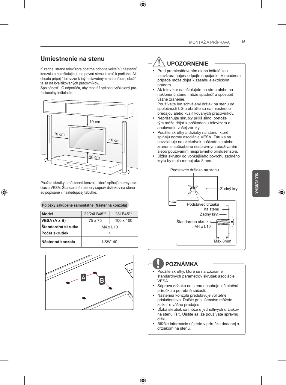 Umiestnenie na stenu, Upozornenie, Poznámka | LG 24LB457B User Manual | Page 132 / 387