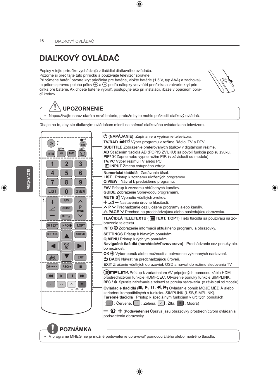Diaľkový ovládač, Upozornenie, Poznámka | LG 24LB457B User Manual | Page 133 / 387