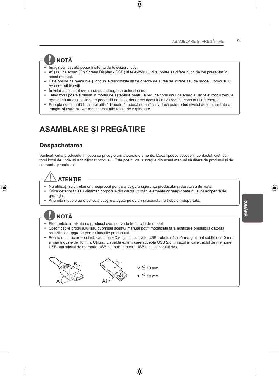 Asamblare şi pregătire, Despachetarea, Notă | Atenţie | LG 24LB457B User Manual | Page 148 / 387