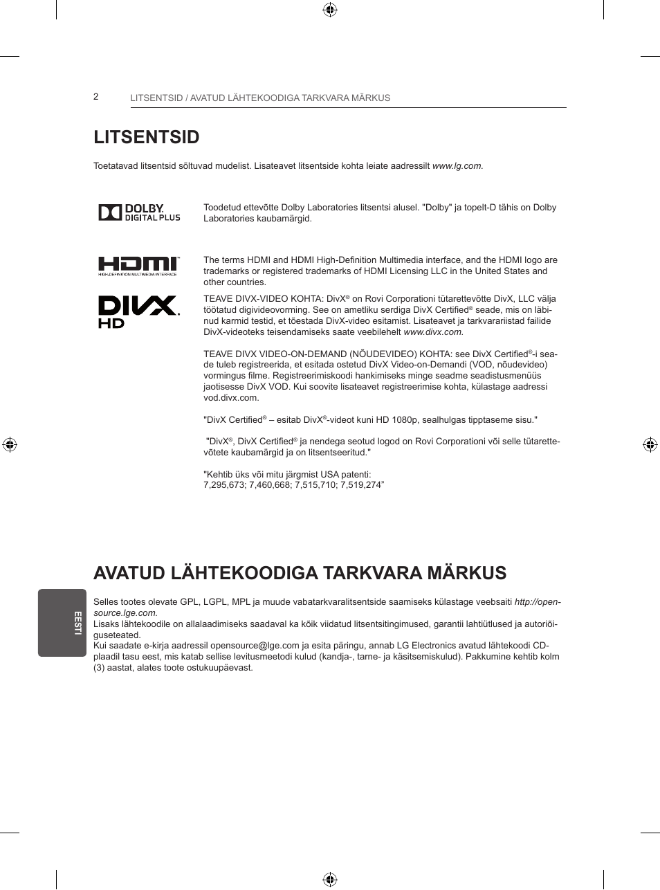 Litsentsid, Avatud lähtekoodiga tarkvara märkus | LG 24LB457B User Manual | Page 185 / 387