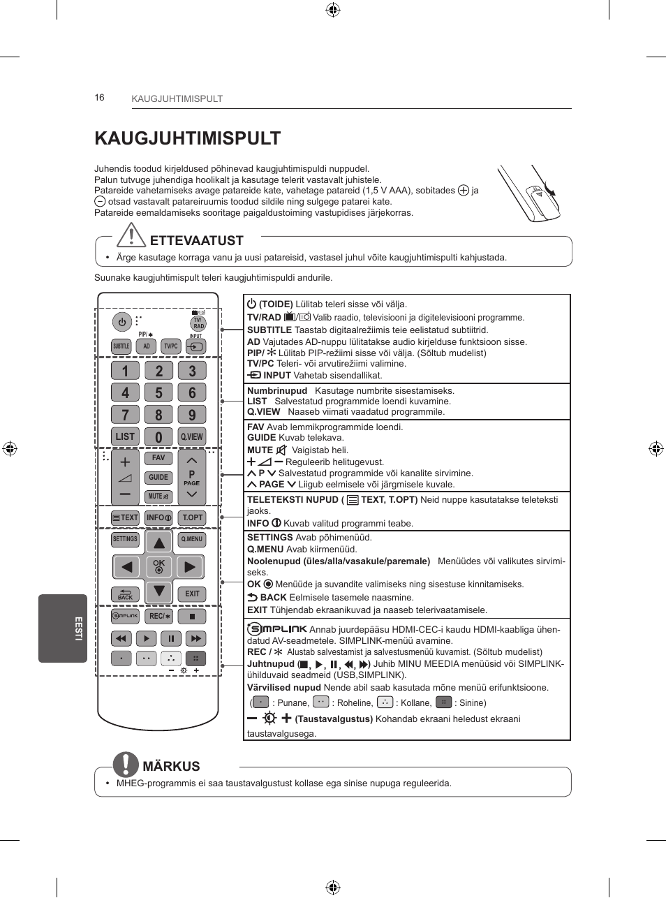 Kaugjuhtimispult, Ettevaatust, Märkus | LG 24LB457B User Manual | Page 199 / 387