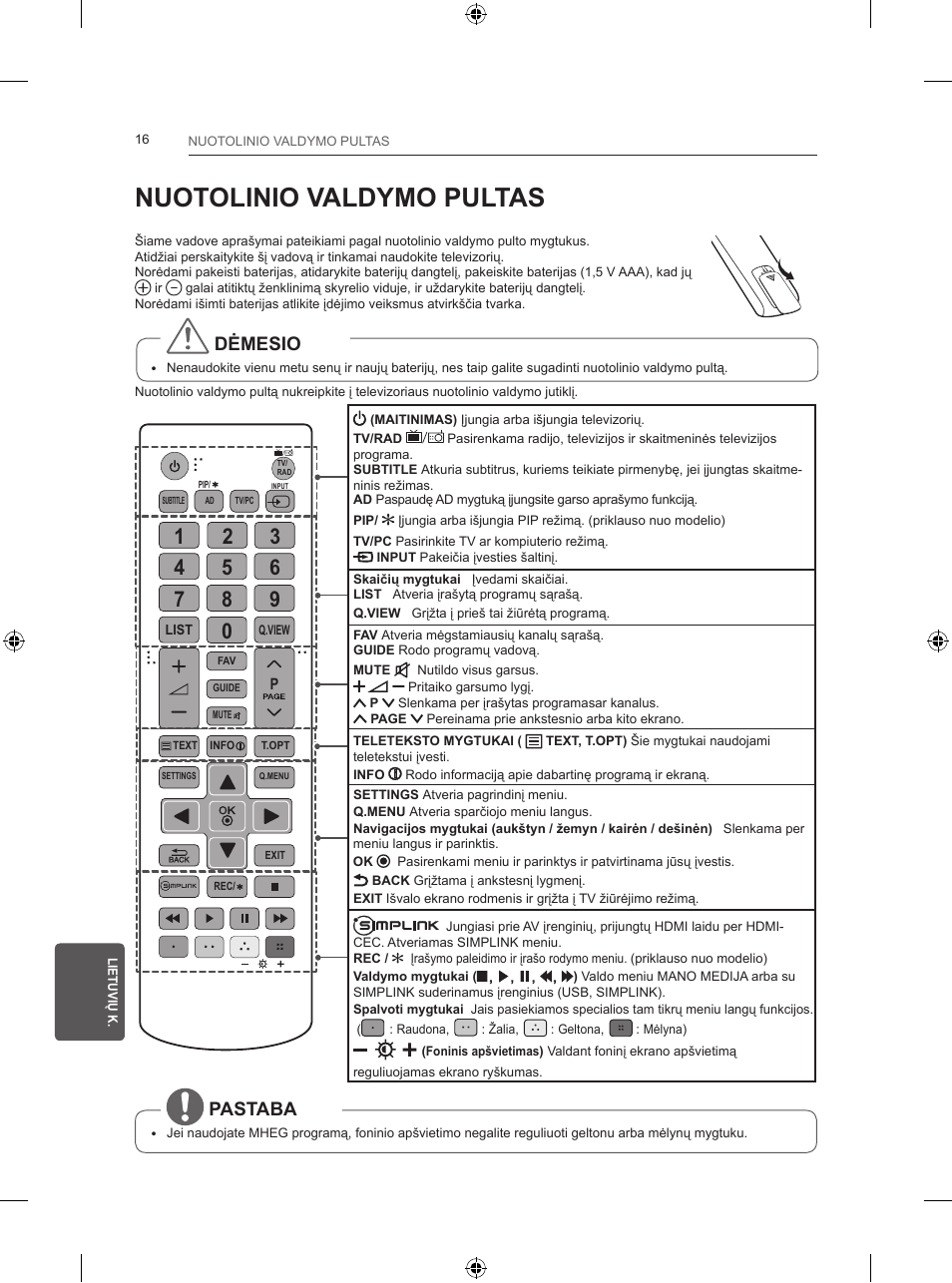Nuotolinio valdymo pultas, Dėmesio, Pastaba | LG 24LB457B User Manual | Page 221 / 387