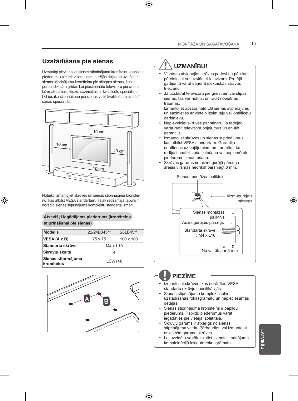 Uzstādīšana pie sienas, Uzmanību, Piezīme | LG 24LB457B User Manual | Page 242 / 387