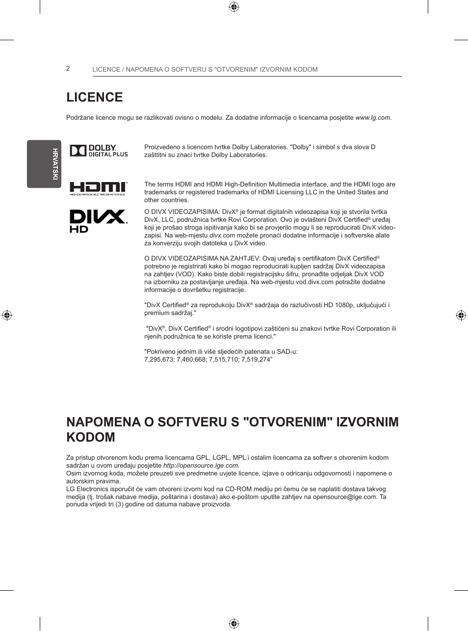 Licence, Napomena o softveru s "otvorenim" izvornim kodom | LG 24LB457B User Manual | Page 273 / 387