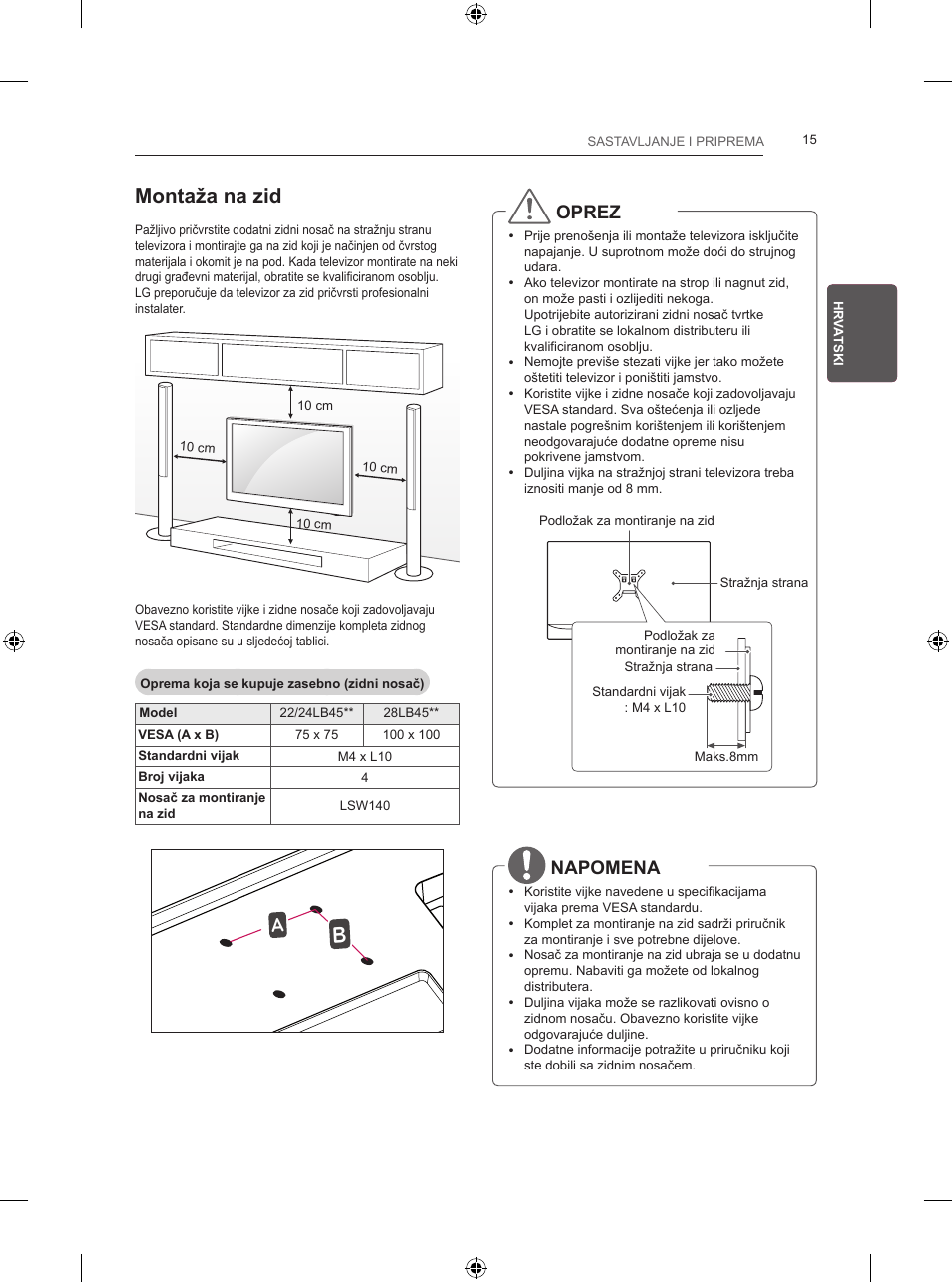 Montaža na zid, Oprez, Napomena | LG 24LB457B User Manual | Page 286 / 387