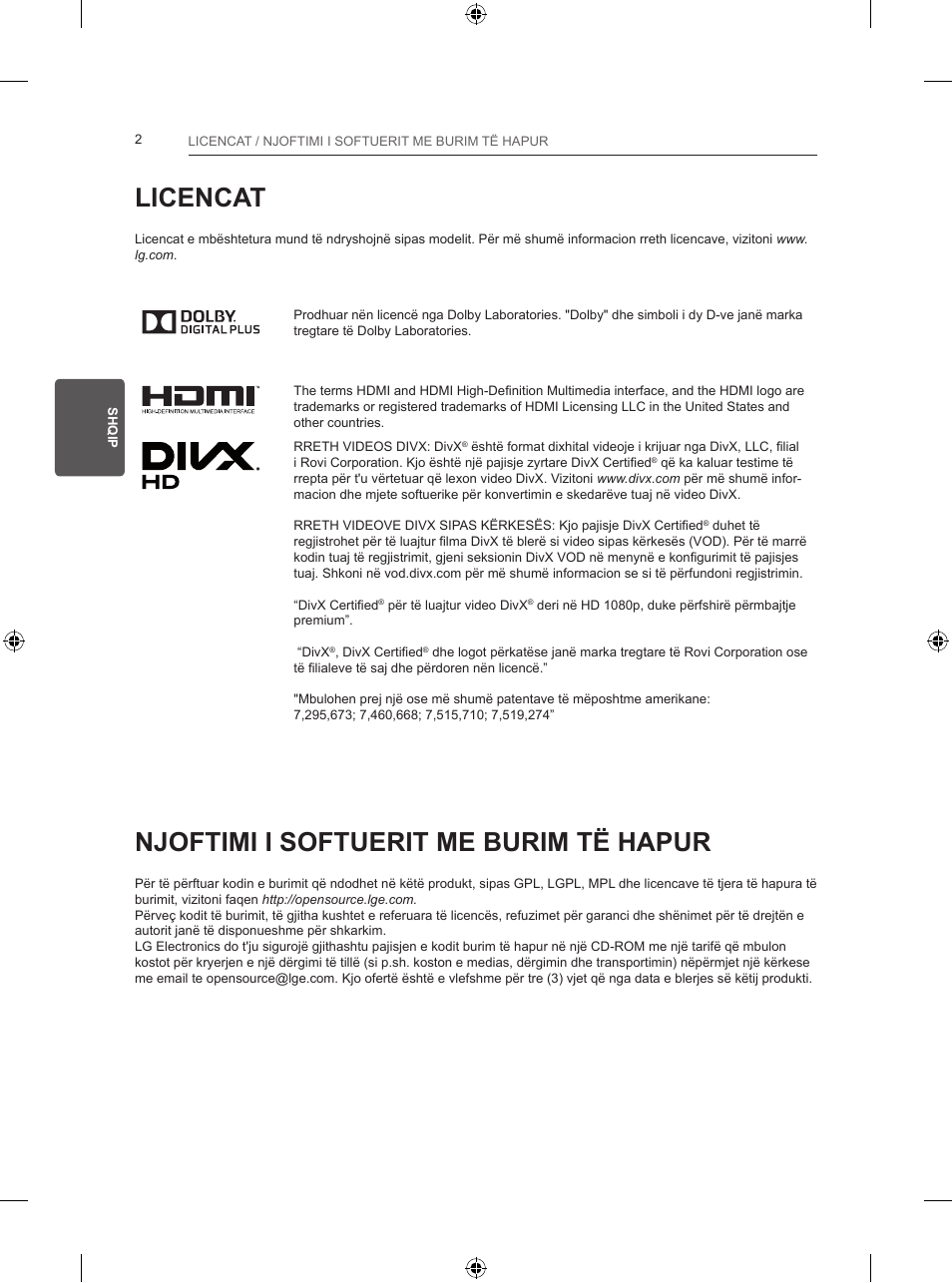 Licencat, Njoftimi i softuerit me burim të hapur | LG 24LB457B User Manual | Page 295 / 387