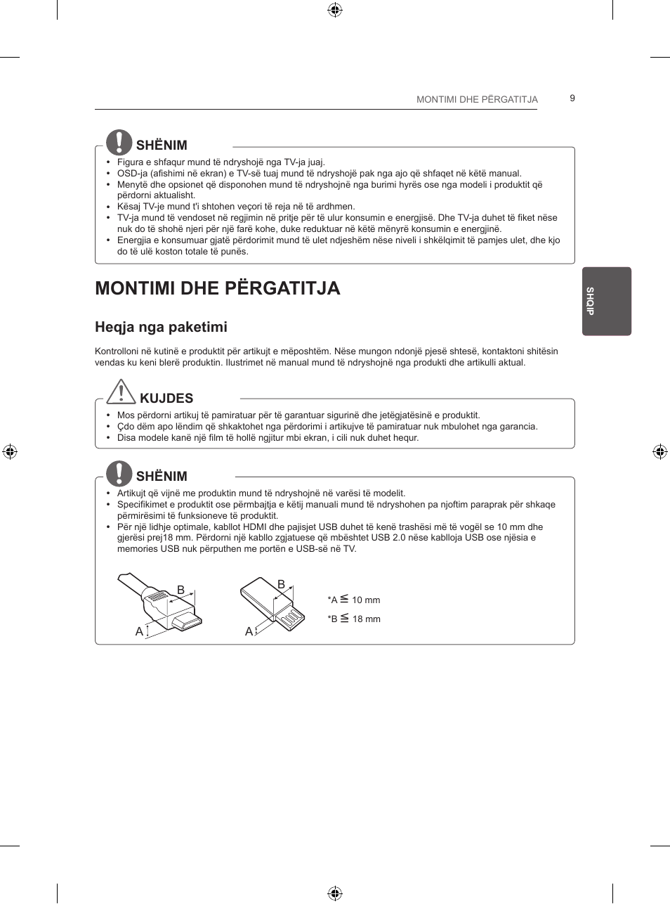 Montimi dhe përgatitja, Heqja nga paketimi, Shënim | Kujdes | LG 24LB457B User Manual | Page 302 / 387