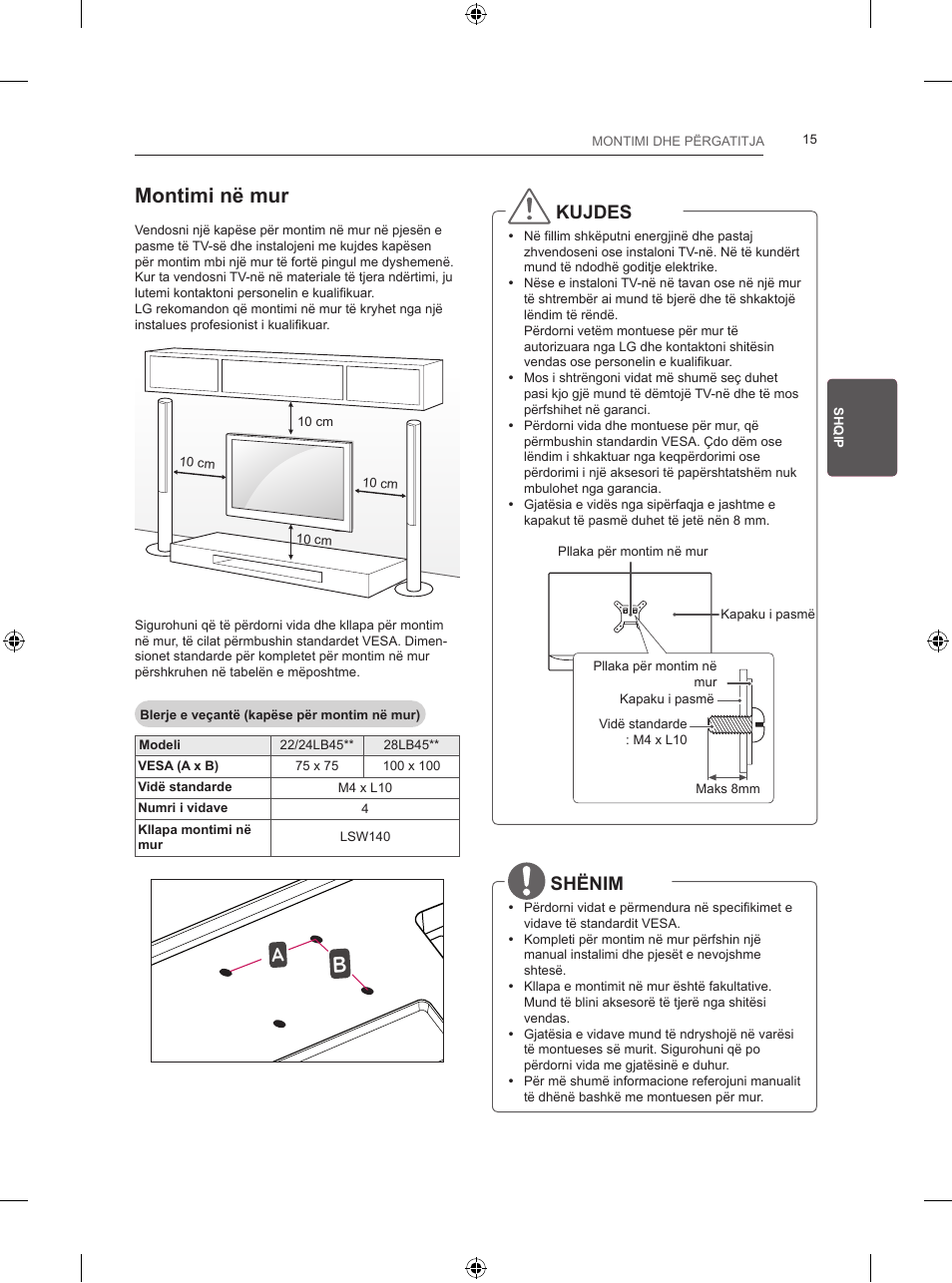 Montimi në mur, Kujdes, Shënim | LG 24LB457B User Manual | Page 308 / 387