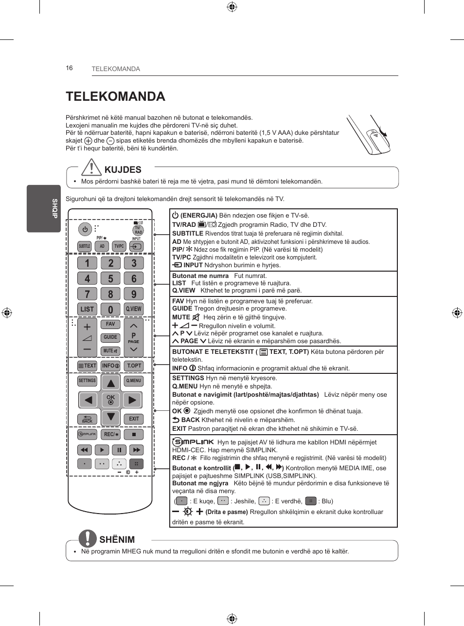 Telekomanda, Kujdes, Shënim | LG 24LB457B User Manual | Page 309 / 387
