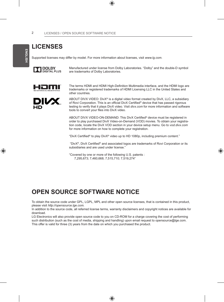 Licenses, Open source software notice | LG 24LB457B User Manual | Page 31 / 387