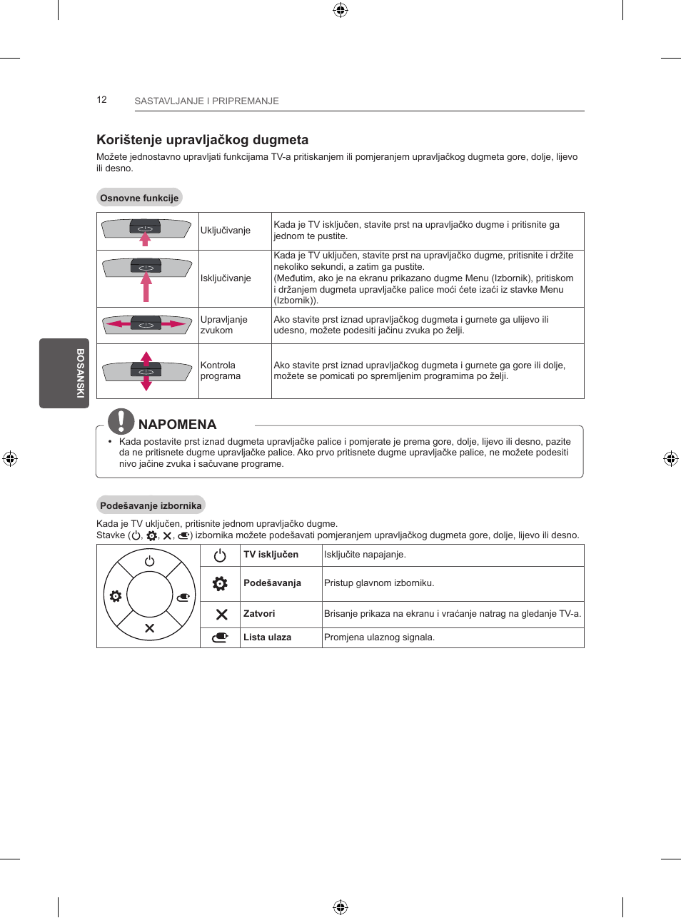 Korištenje upravljačkog dugmeta, Napomena | LG 24LB457B User Manual | Page 327 / 387