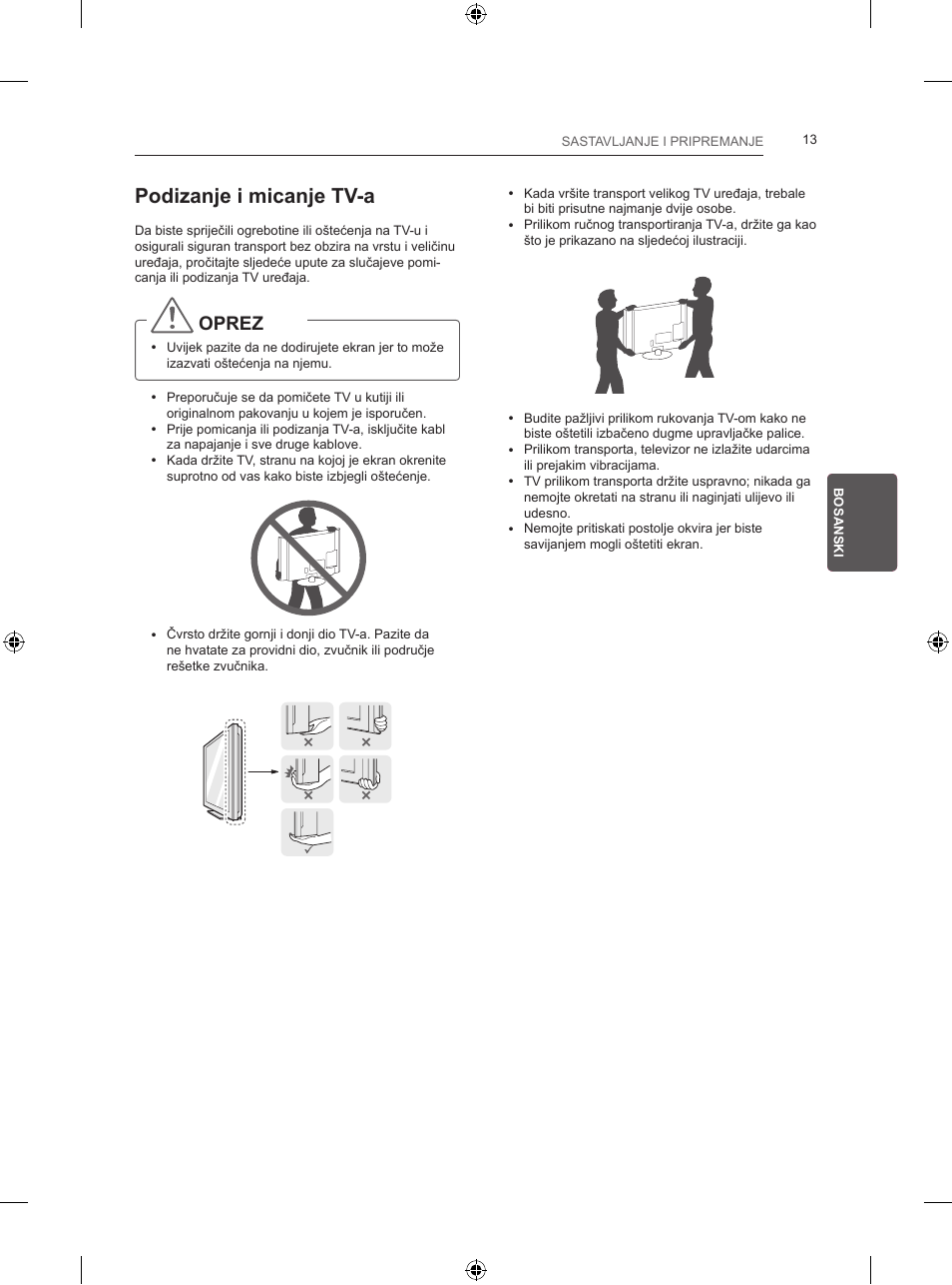 Podizanje i micanje tv-a, Oprez | LG 24LB457B User Manual | Page 328 / 387