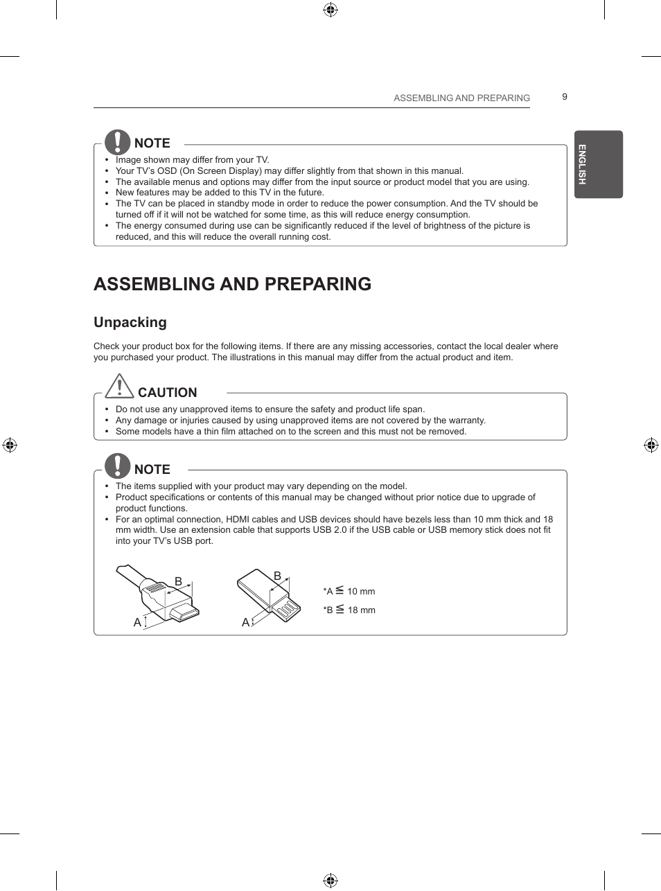 Assembling and preparing, Unpacking, Caution | LG 24LB457B User Manual | Page 38 / 387