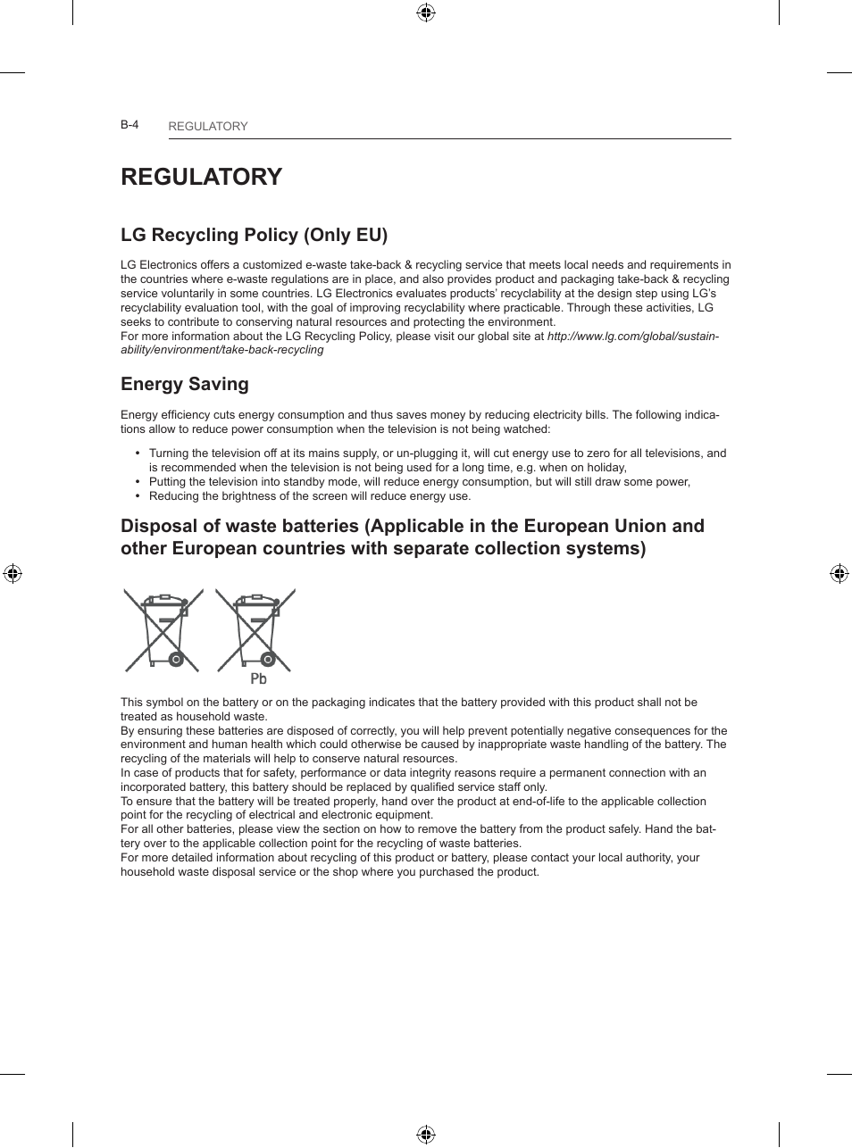 Regulatory, Lg recycling policy (only eu), Energy saving | LG 24LB457B User Manual | Page 385 / 387