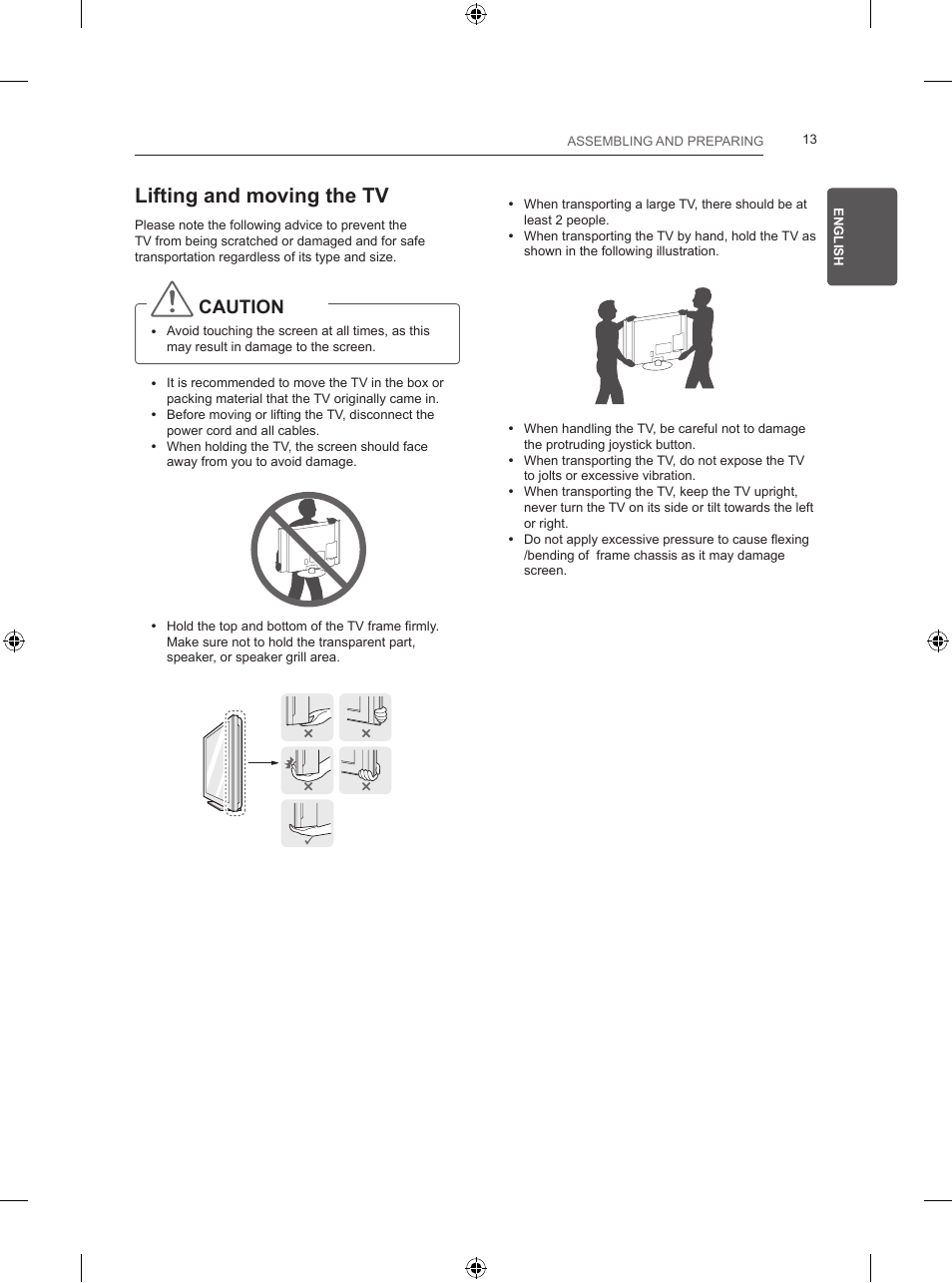 Lifting and moving the tv, Caution | LG 24LB457B User Manual | Page 42 / 387