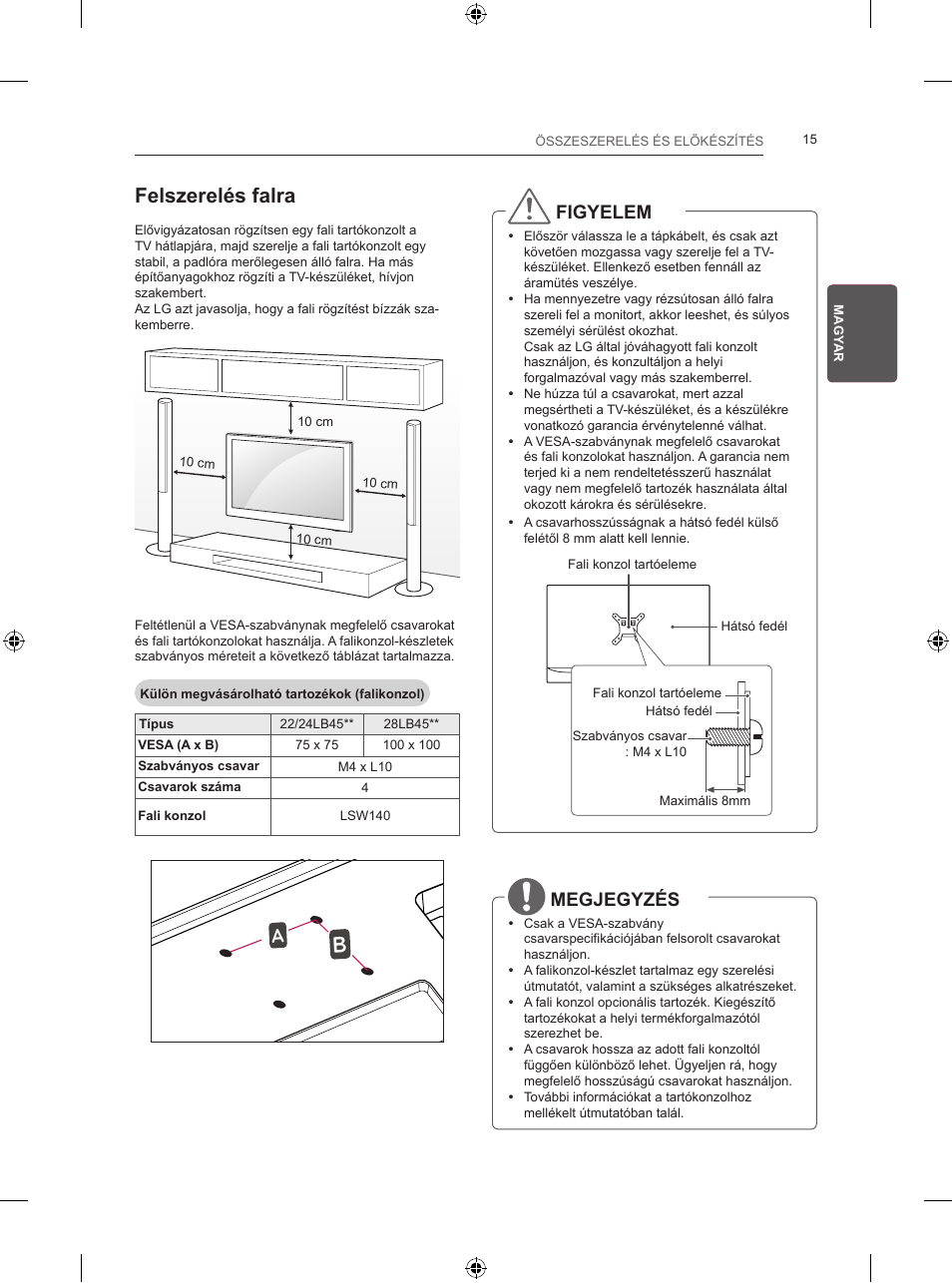 Felszerelés falra, Figyelem, Megjegyzés | LG 24LB457B User Manual | Page 66 / 387