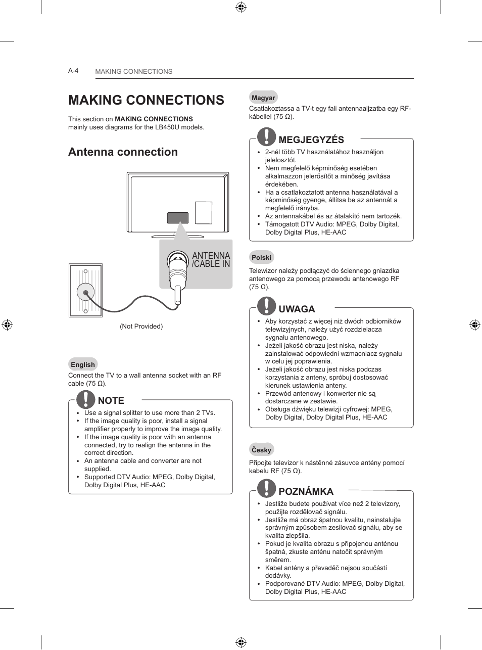 Making connections, Antenna connection, Antenna /cable in | Megjegyzés, Uwaga, Poznámka | LG 24LB457B User Manual | Page 7 / 387