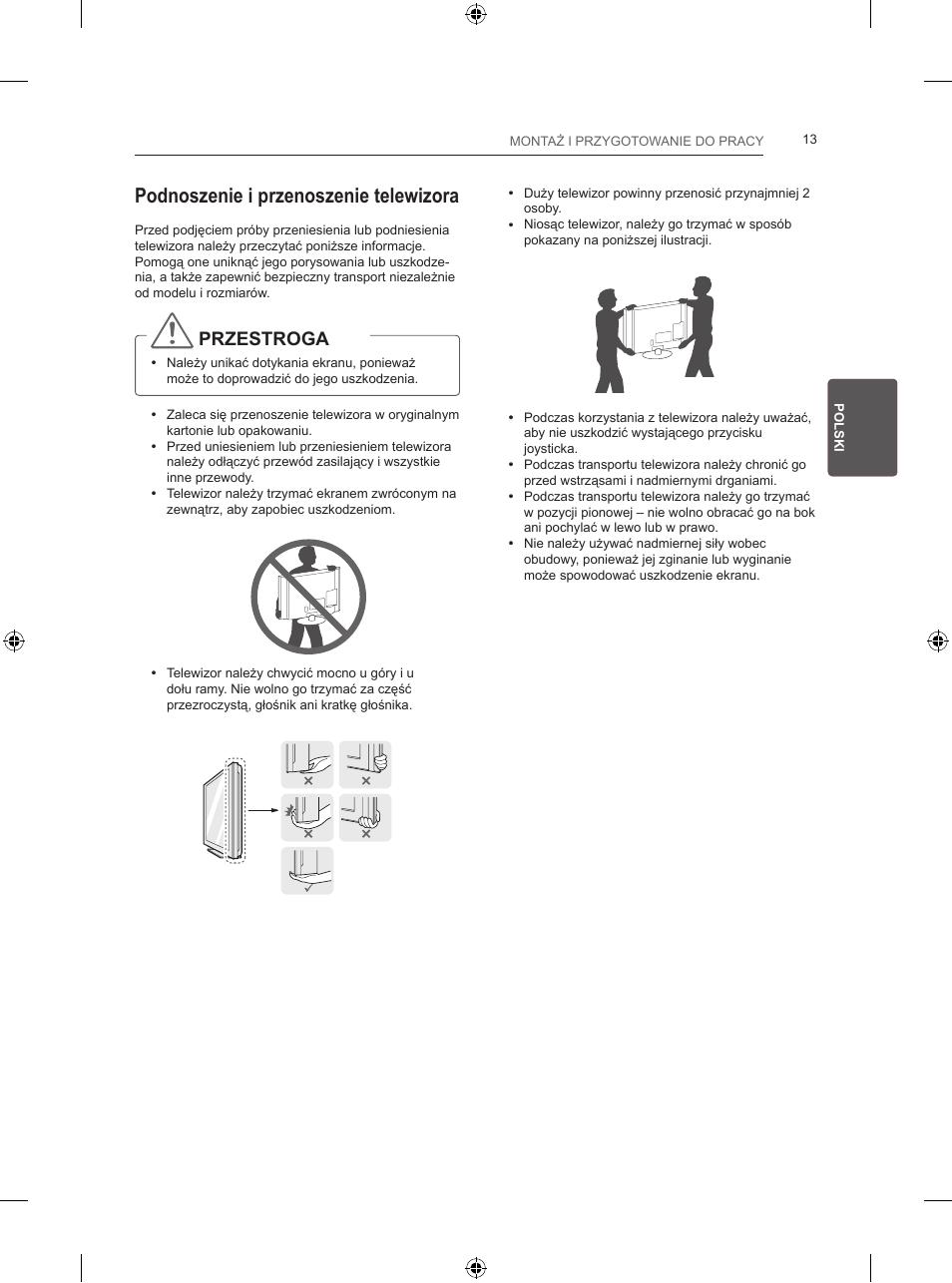 Podnoszenie i przenoszenie telewizora, Przestroga | LG 24LB457B User Manual | Page 86 / 387