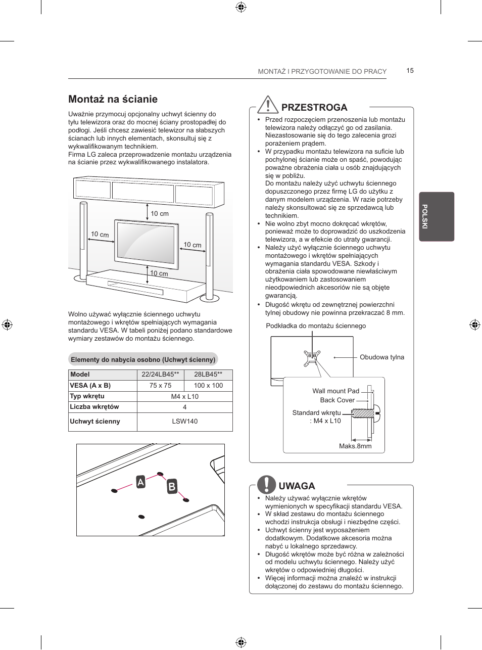 Montaż na ścianie, Przestroga, Uwaga | LG 24LB457B User Manual | Page 88 / 387
