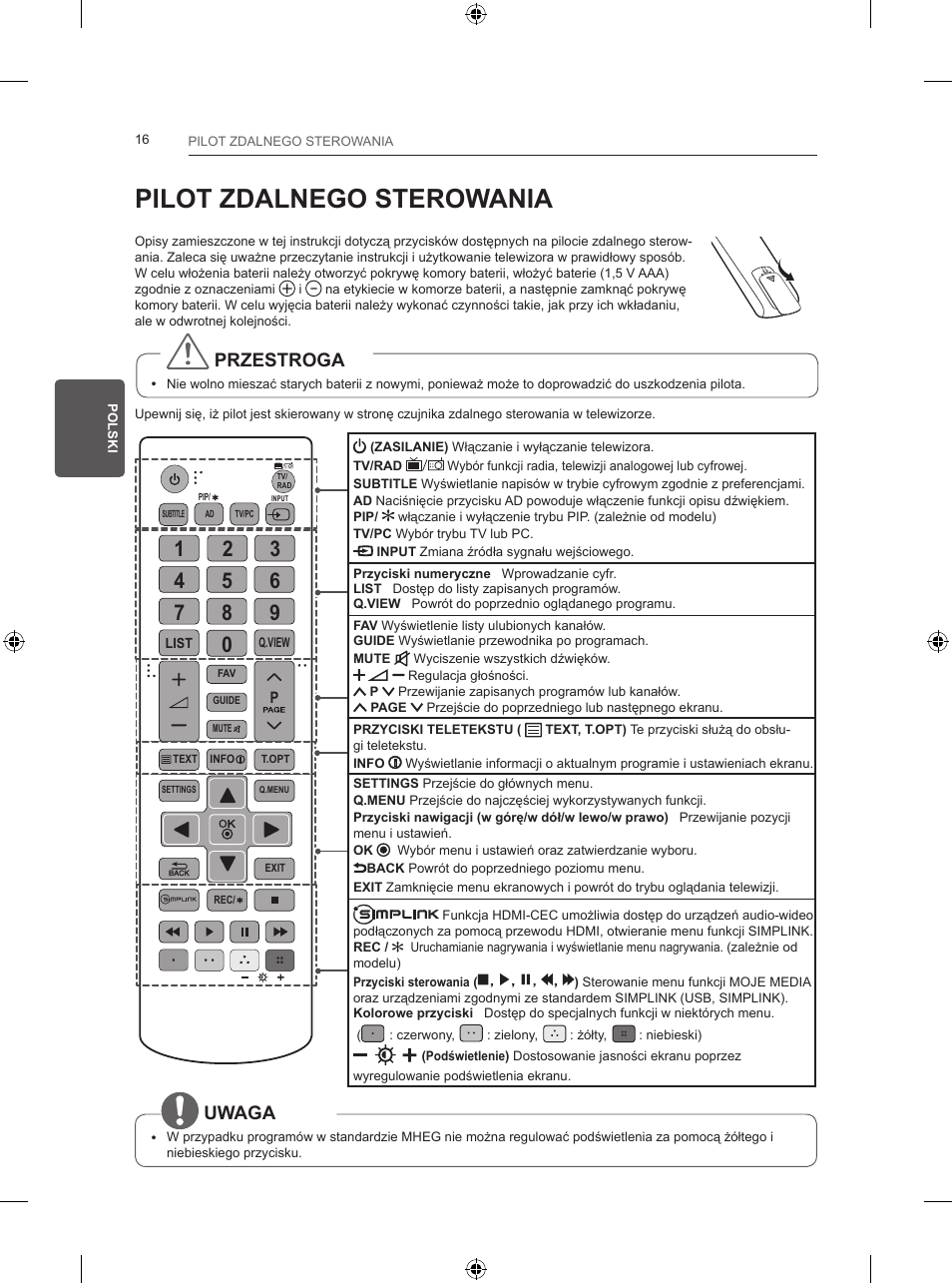 Pilot zdalnego sterowania, Przestroga, Uwaga | LG 24LB457B User Manual | Page 89 / 387