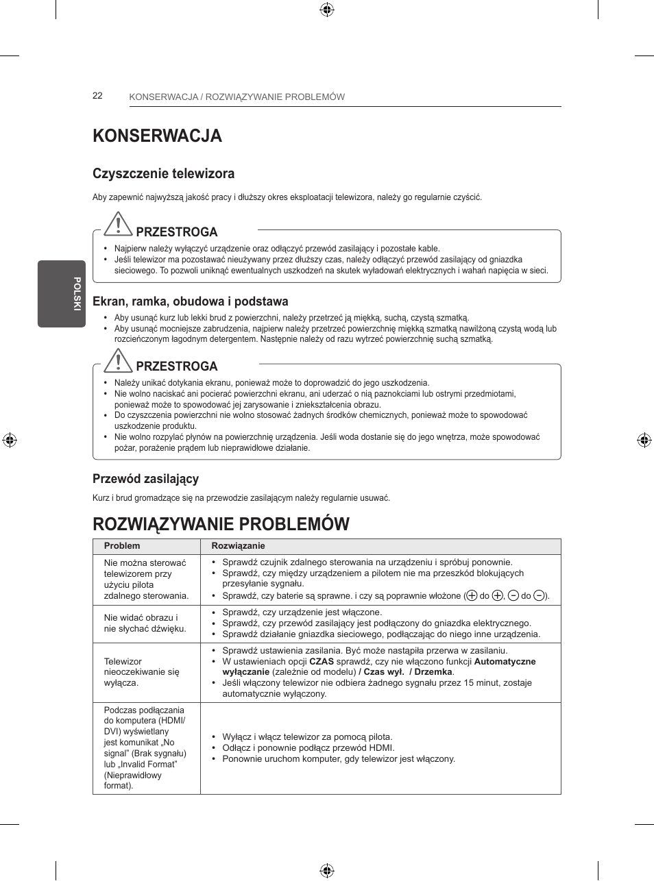 Konserwacja, Rozwiązywanie problemów, Czyszczenie telewizora | Przestroga, Ekran, ramka, obudowa i podstawa, Przewód zasilający | LG 24LB457B User Manual | Page 95 / 387