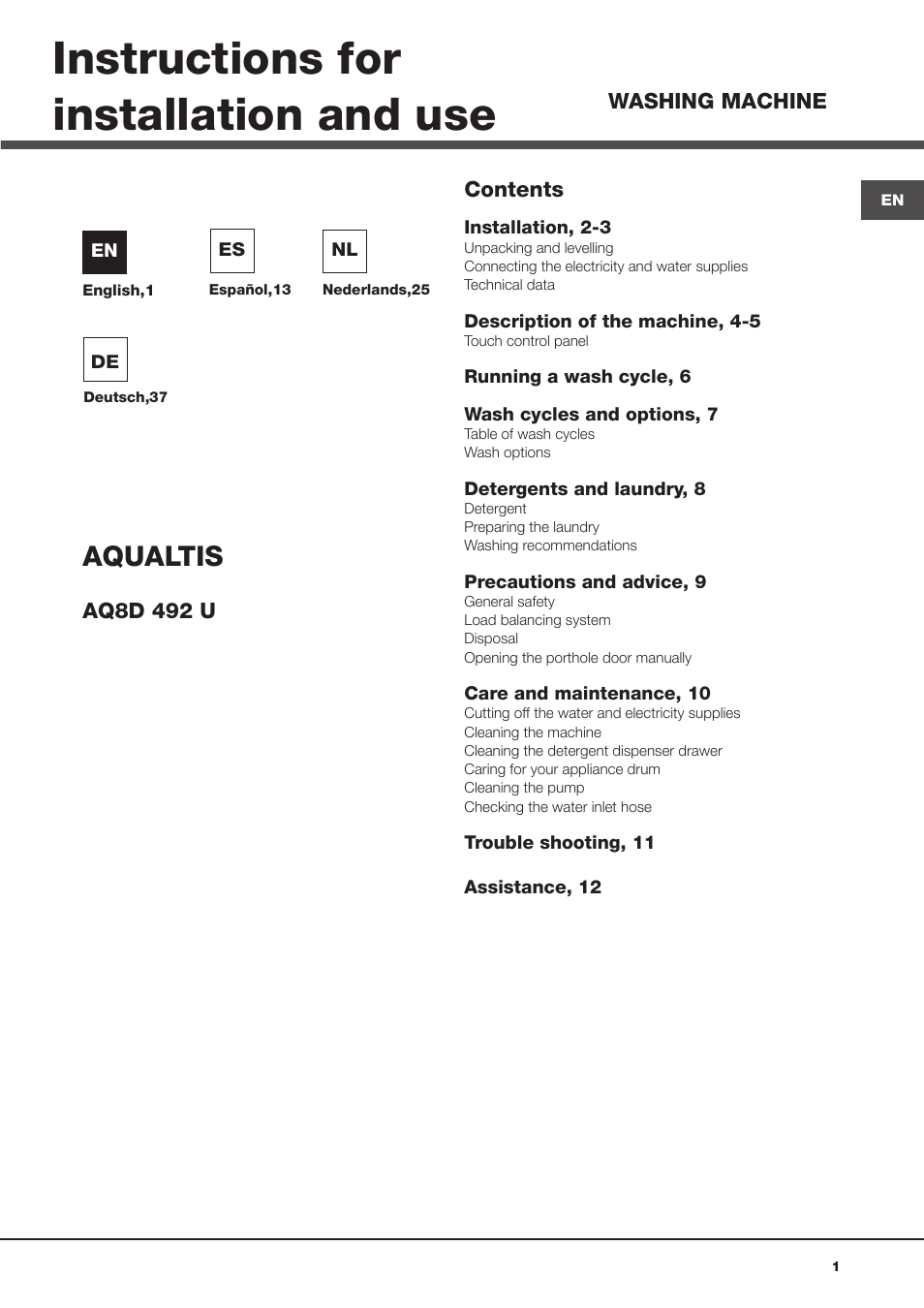 Hotpoint Ariston Aqualtis AQ8D 492 U (EU)-VA User Manual | 48 pages