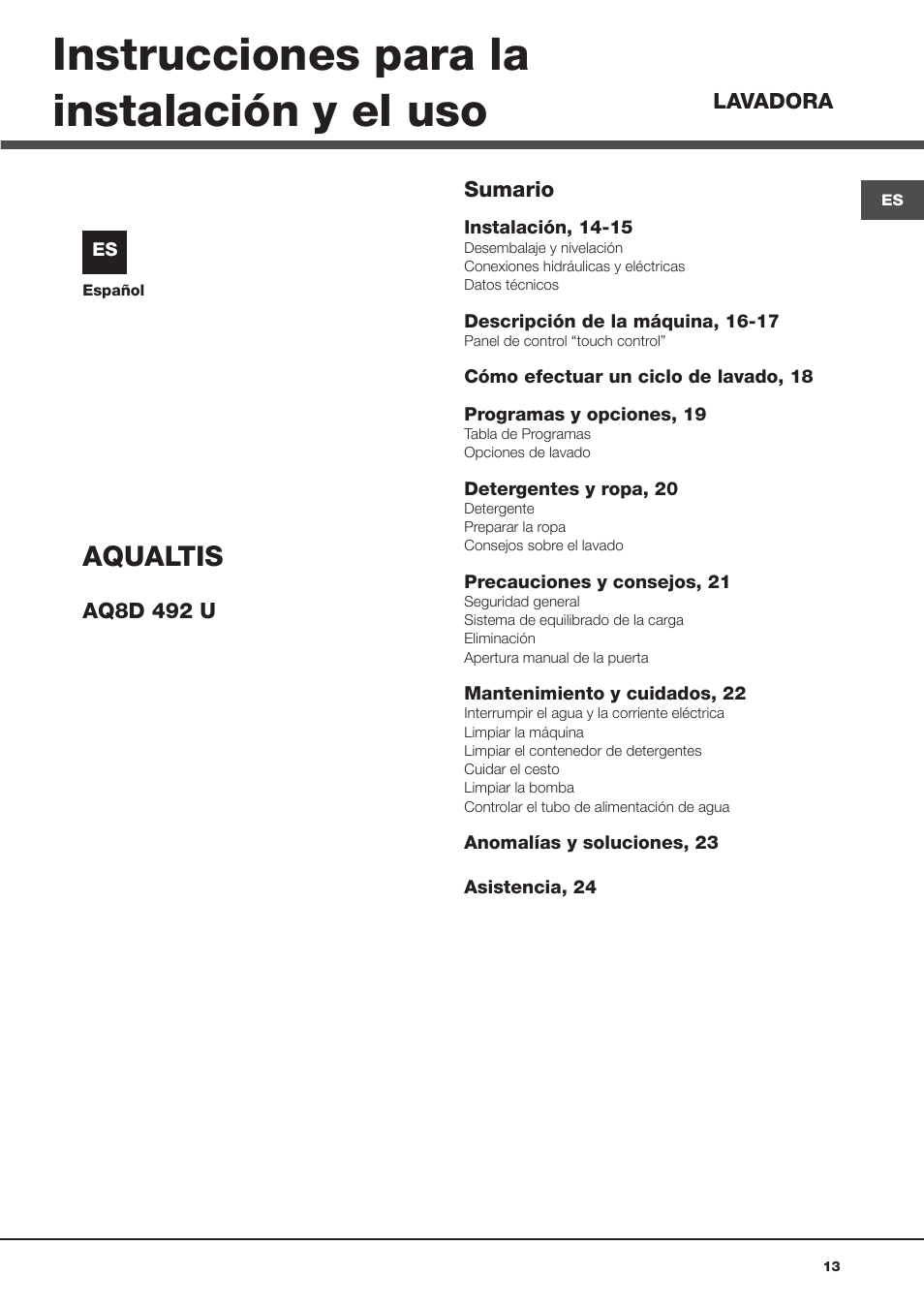 Instrucciones para la instalación y el uso, Aqualtis | Hotpoint Ariston Aqualtis AQ8D 492 U (EU)-VA User Manual | Page 13 / 48