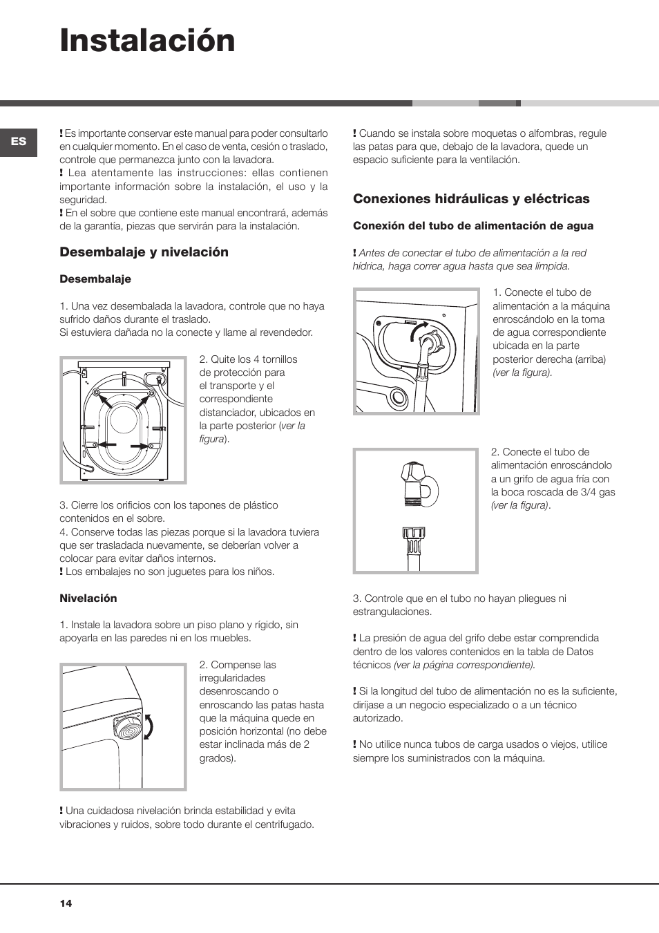 Instalación | Hotpoint Ariston Aqualtis AQ8D 492 U (EU)-VA User Manual | Page 14 / 48