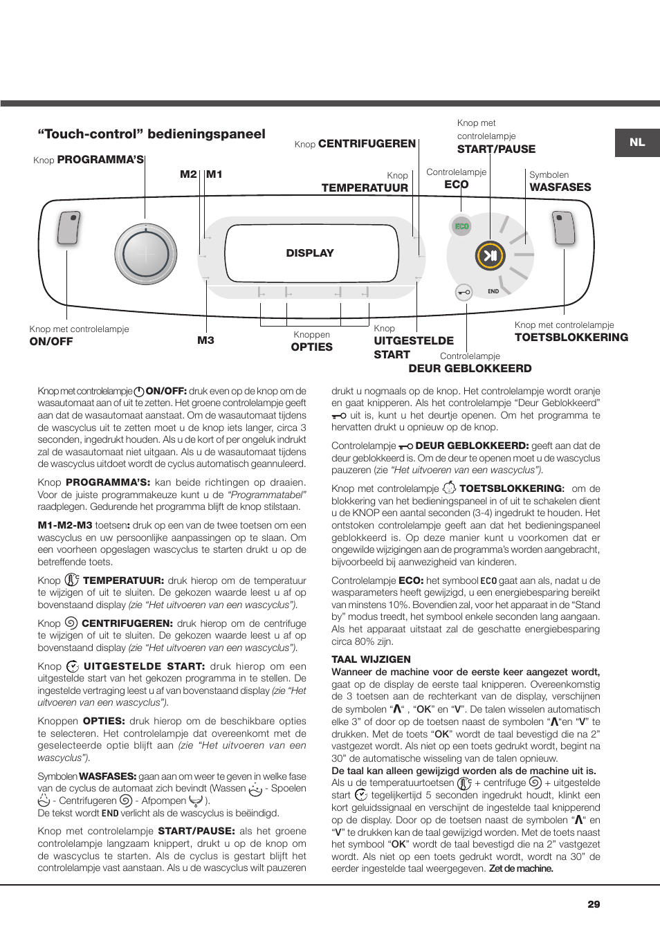 Touch-control” bedieningspaneel | Hotpoint Ariston Aqualtis AQ8D 492 U (EU)-VA User Manual | Page 29 / 48