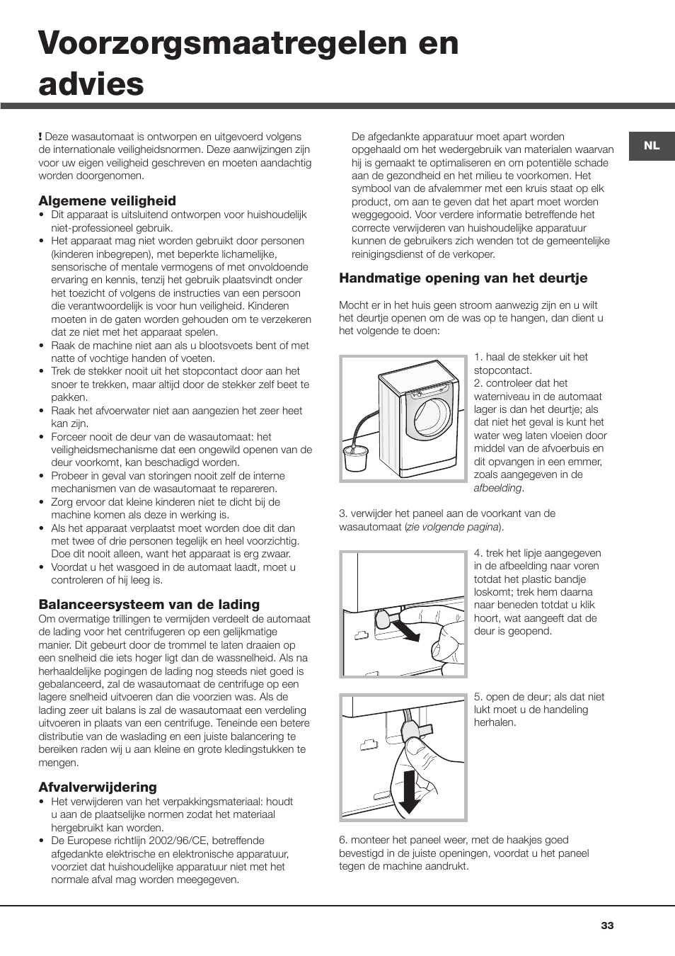 Voorzorgsmaatregelen en advies | Hotpoint Ariston Aqualtis AQ8D 492 U (EU)-VA User Manual | Page 33 / 48