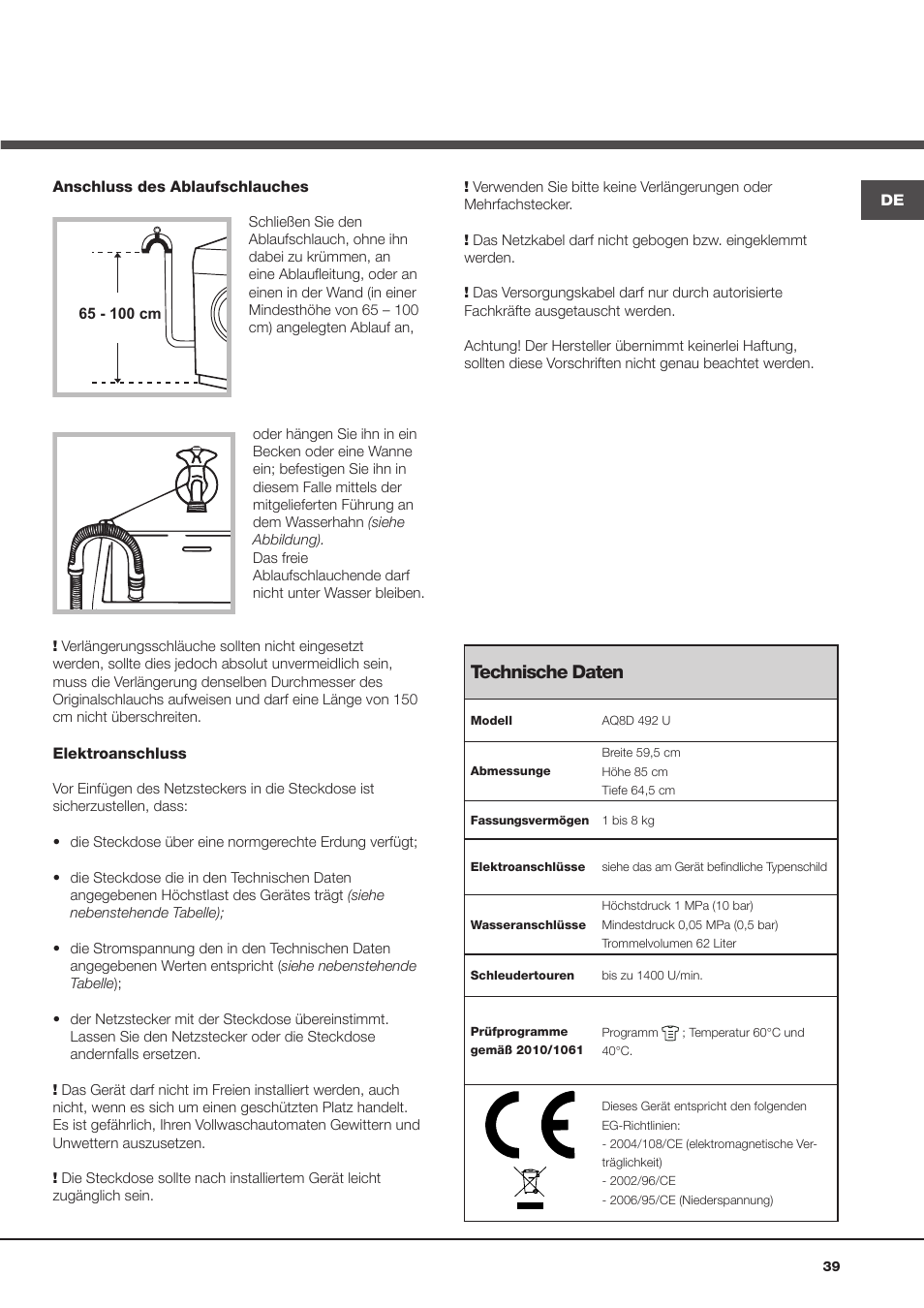 Technische daten | Hotpoint Ariston Aqualtis AQ8D 492 U (EU)-VA User Manual | Page 39 / 48