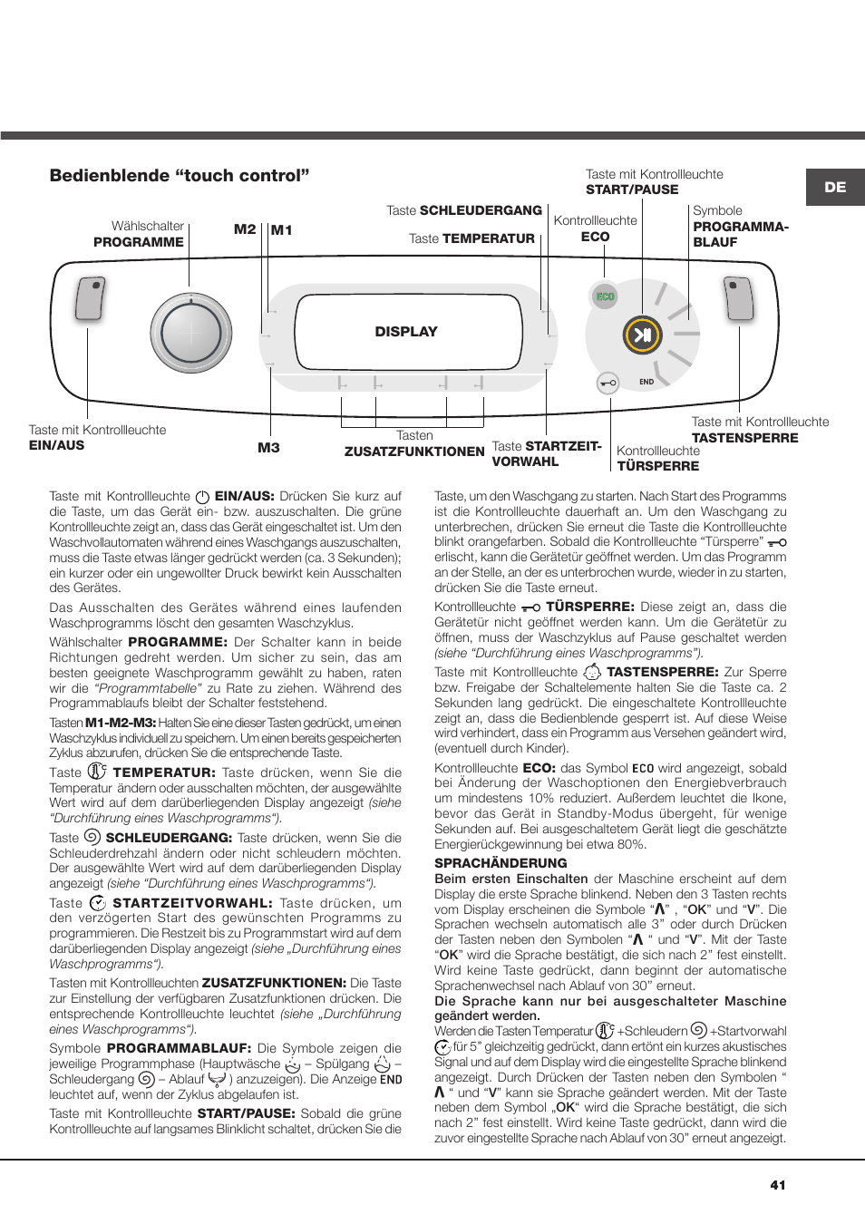 Bedienblende “touch control | Hotpoint Ariston Aqualtis AQ8D 492 U (EU)-VA User Manual | Page 41 / 48