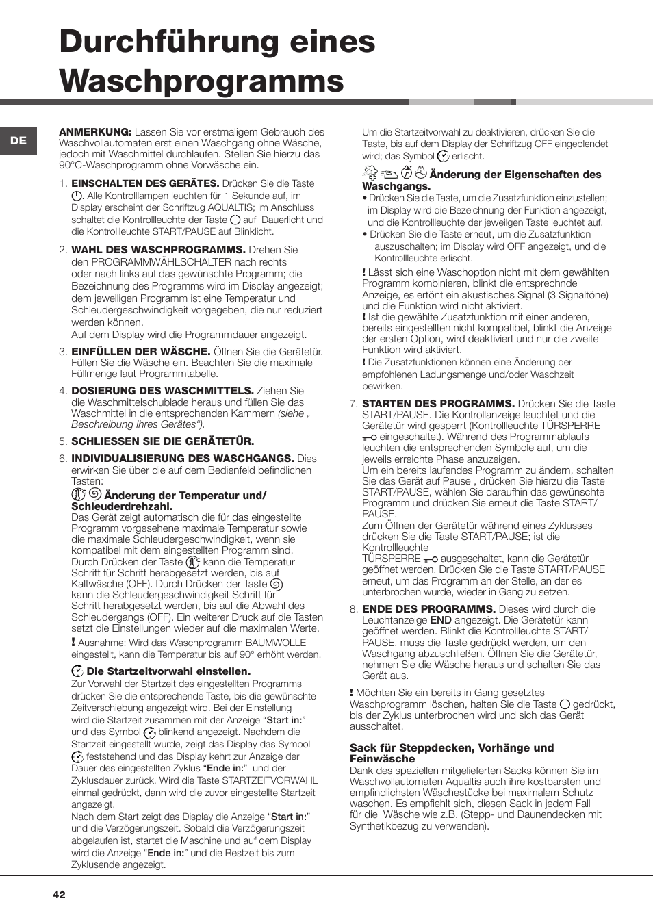 Durchführung eines waschprogramms | Hotpoint Ariston Aqualtis AQ8D 492 U (EU)-VA User Manual | Page 42 / 48