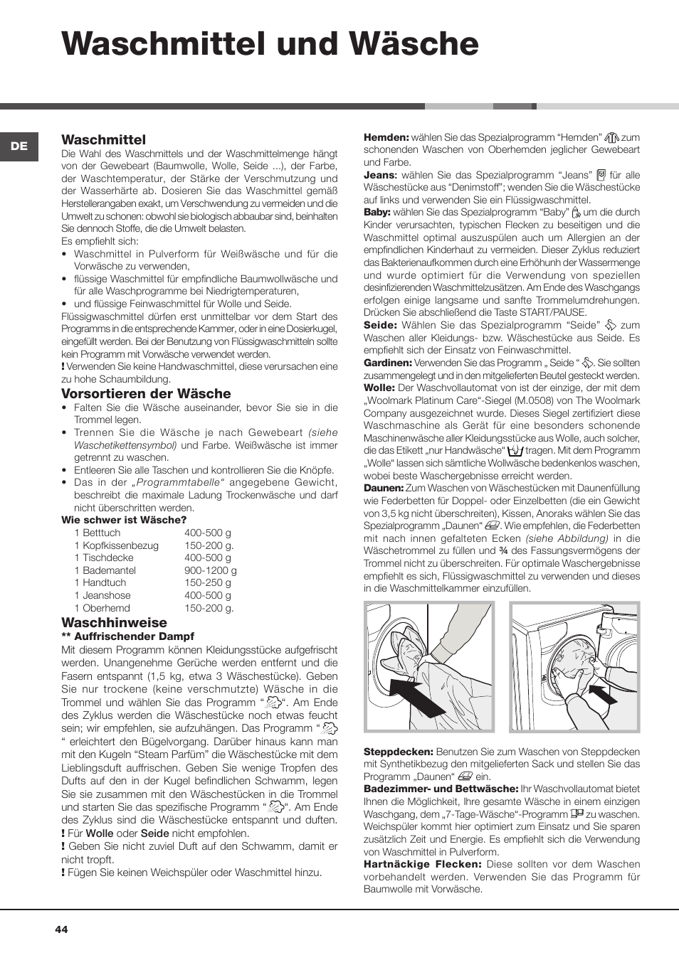 Waschmittel und wäsche, Waschmittel, Vorsortieren der wäsche | Waschhinweise | Hotpoint Ariston Aqualtis AQ8D 492 U (EU)-VA User Manual | Page 44 / 48