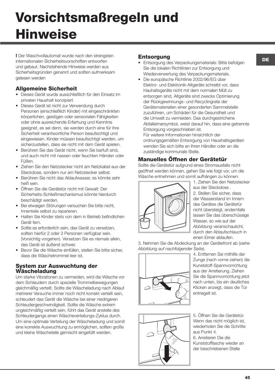 Vorsichtsmaßregeln und hinweise | Hotpoint Ariston Aqualtis AQ8D 492 U (EU)-VA User Manual | Page 45 / 48