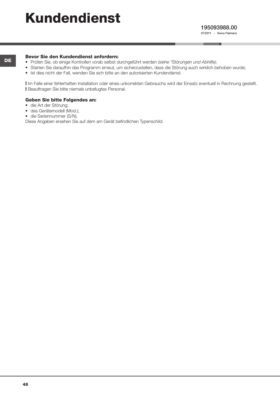 Kundendienst | Hotpoint Ariston Aqualtis AQ8D 492 U (EU)-VA User Manual | Page 48 / 48