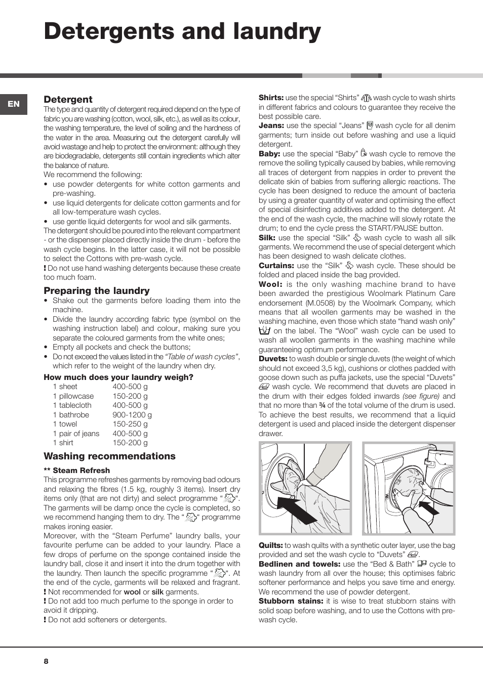 Detergents and laundry | Hotpoint Ariston Aqualtis AQ8D 492 U (EU)-VA User Manual | Page 8 / 48