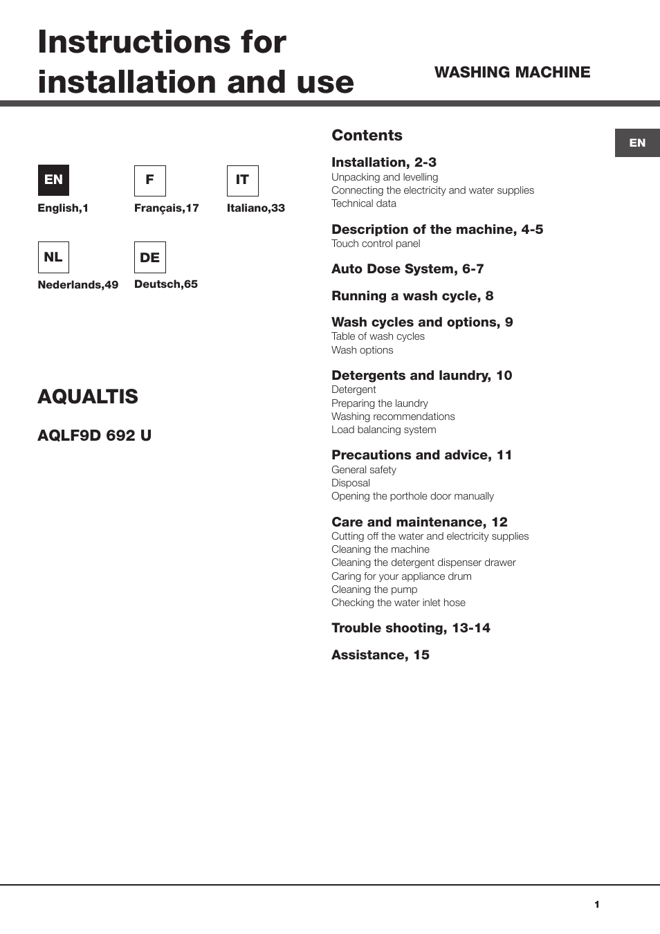Hotpoint Ariston Aqualtis AQLF9D 692 U (EU)-A User Manual | 80 pages