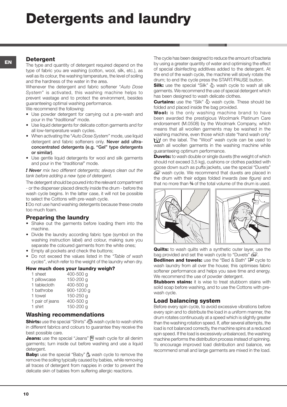 Detergents and laundry | Hotpoint Ariston Aqualtis AQLF9D 692 U (EU)-A User Manual | Page 10 / 80