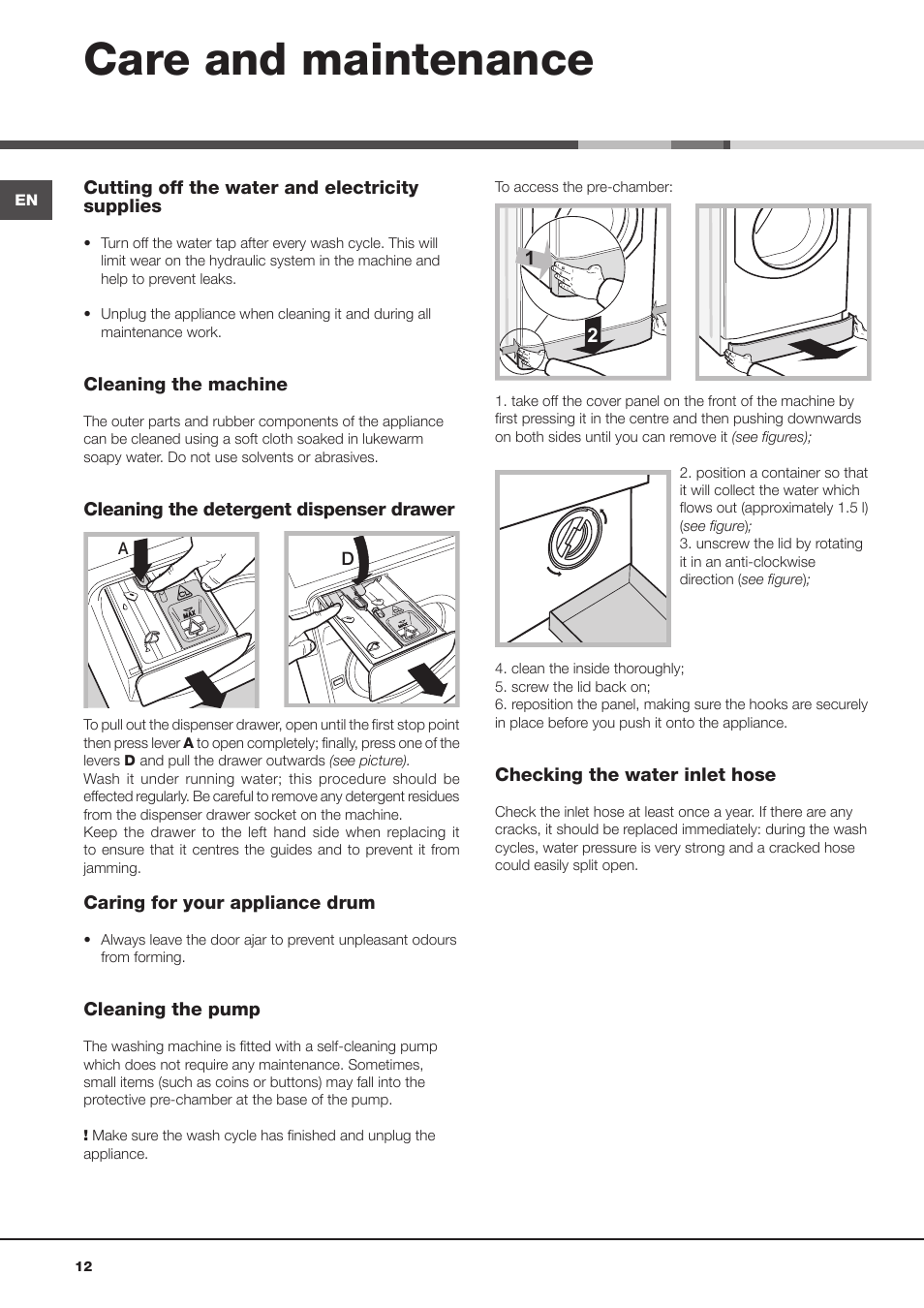 Care and maintenance | Hotpoint Ariston Aqualtis AQLF9D 692 U (EU)-A User Manual | Page 12 / 80